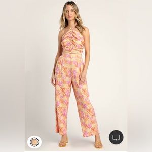 Island Imaginings Peach Floral Print Wide-Leg Pants